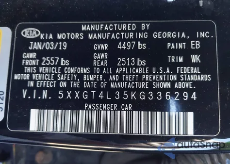 2019 Kia Optima Lx from USA, damaged, VIN 5XXGT4L35KG336294